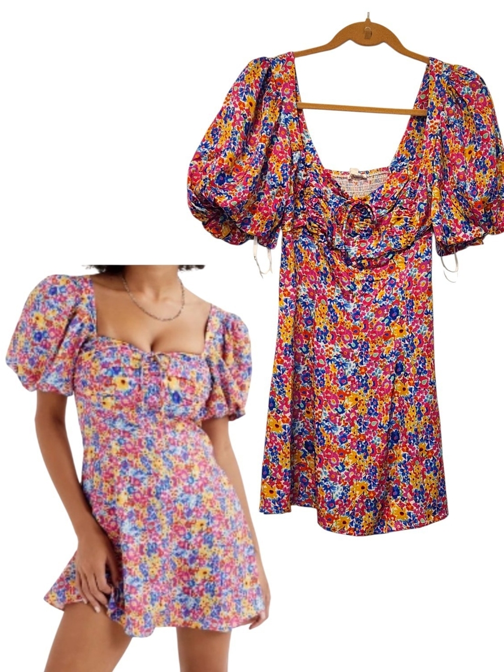 NWT For Love & Lemons Sasha Puff Sleeve Blue Ditzy Floral Mini Dress Small